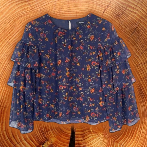 Madewell ‘Ruffle Sleeve Top’ in “Oriental Floral Midnight” Navy Blue Size Small - Picture 3 of 16